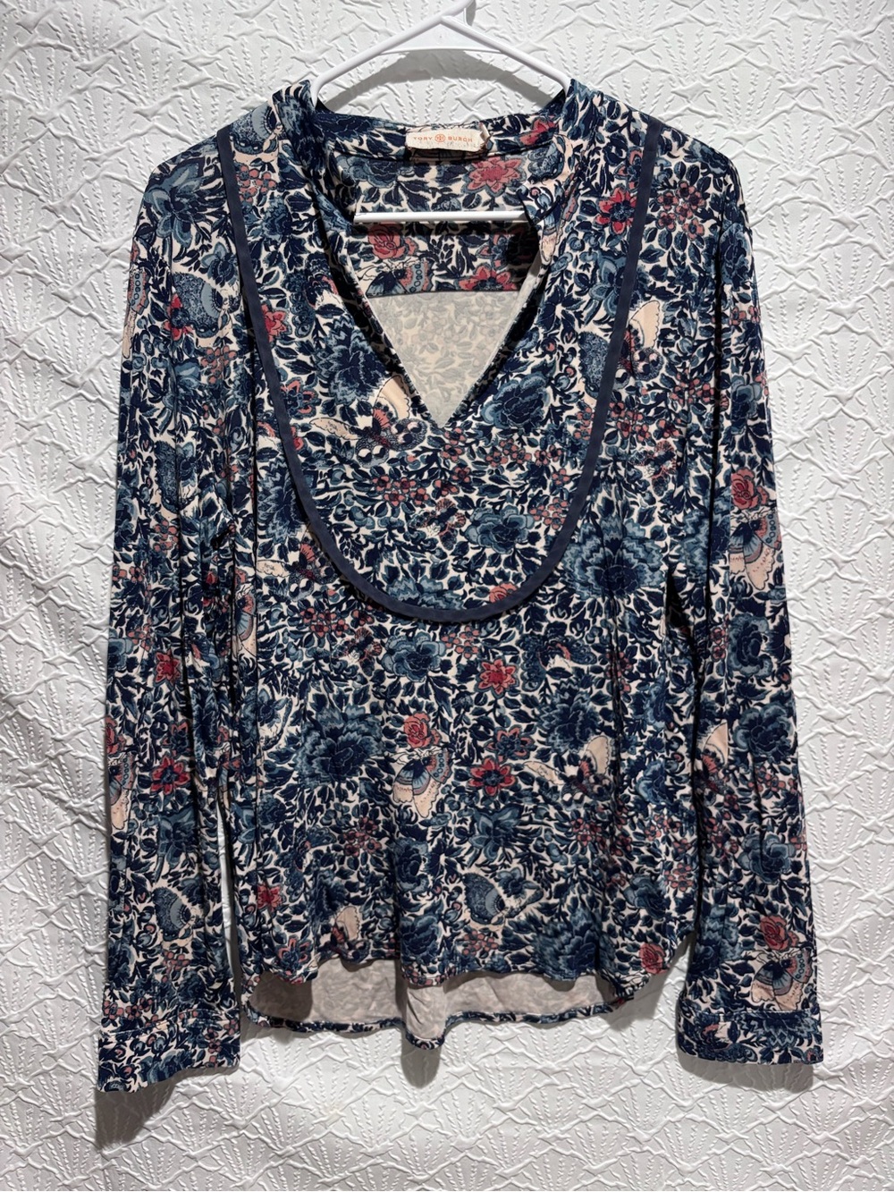 Tory Burch Floral Butterfly Print Tie Neck Blouse Top Size XL 100% Rayon